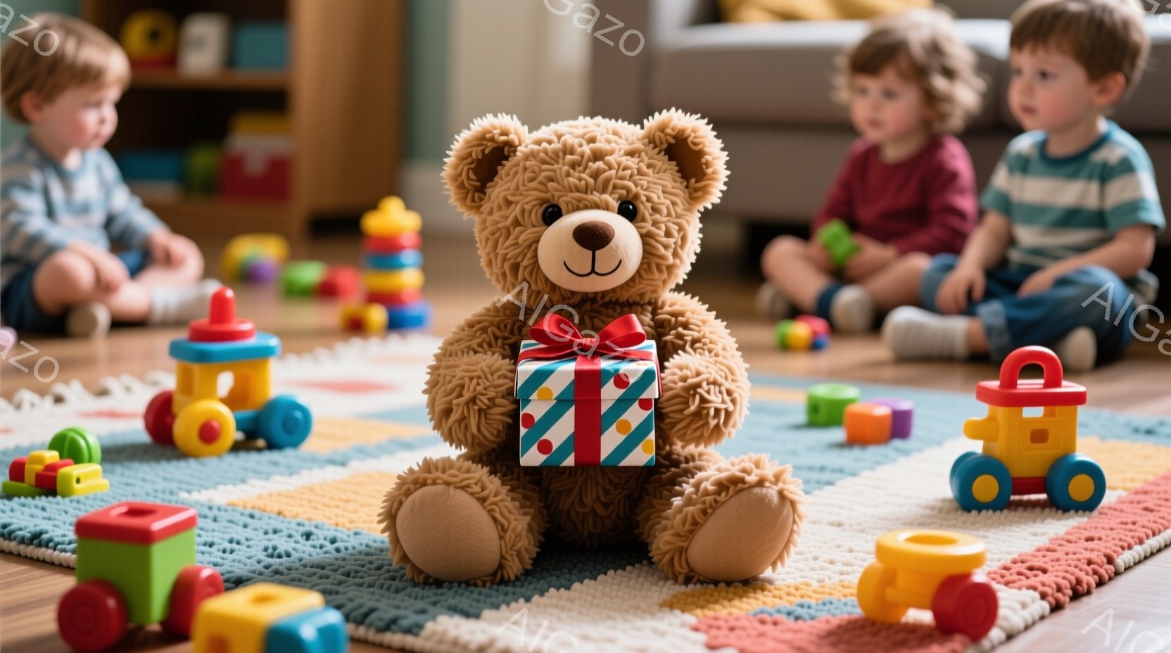 暖かい雰囲気の部屋で、茶色のテディベアがプレゼントを持って座っています。周りにはカラフルな木製の電車のおもちゃが散らばっており、2人の幼い子供たちが床に座って遊んでいます。子供たちはそれぞれストライプ - AI生成フリー素材