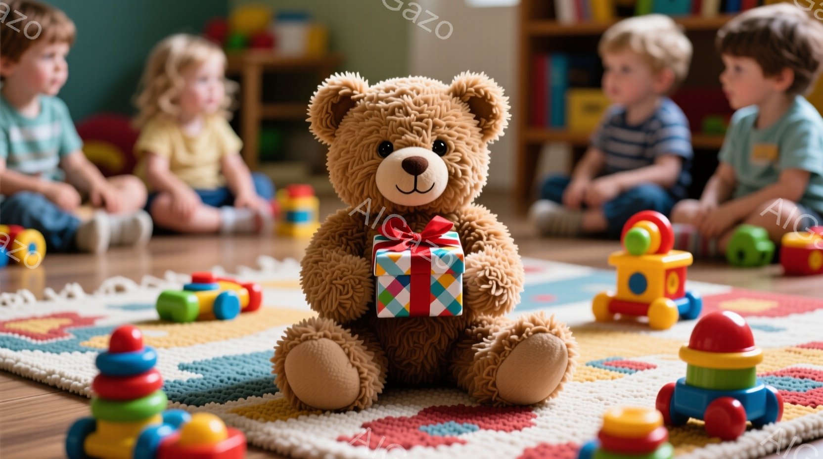 暖炉のある部屋の床に、大きな茶色のテディベアが座っており、手にカラフルな包装紙で包まれたプレゼントを持っています。背景には、笑顔で座っている子供たちが数人おり、床にはカラフルなおもちゃが散らばっていま - AI生成フリー素材