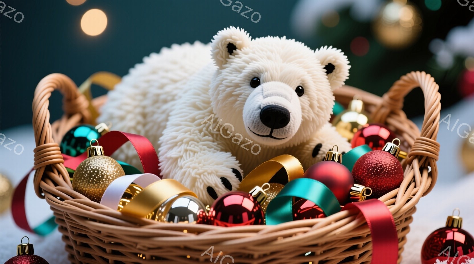 籐で編まれたバスケットの中に、ふわふわの白いクマのぬいぐるみが入っています。バスケットの中や周りには、赤、緑、金色のクリスマスオーナメントやリボンが散りばめられており、背景にはぼやけたクリスマスツリー - AI生成フリー素材