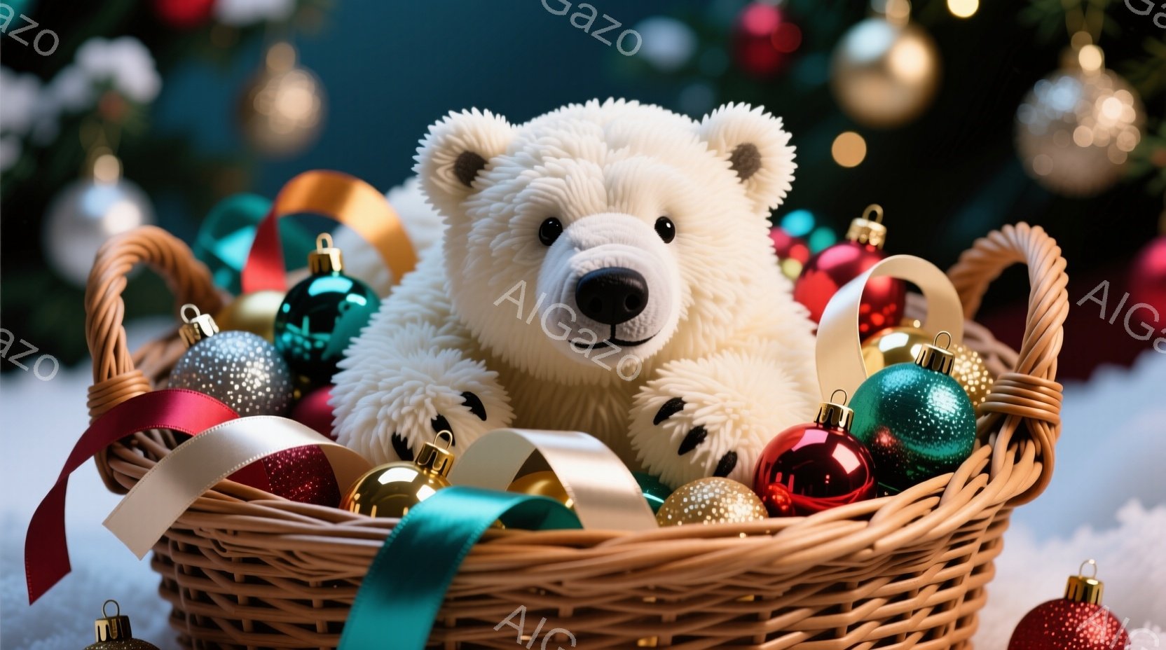白いテディベアが、赤いリボンやクリスマスオーナメントでいっぱいの編み込みのバスケットの中に座っています。テディベアは丸い黒い目をしており、穏やかで愛らしい表情をしています。背景にはぼやけたクリスマスツ - AI生成フリー素材