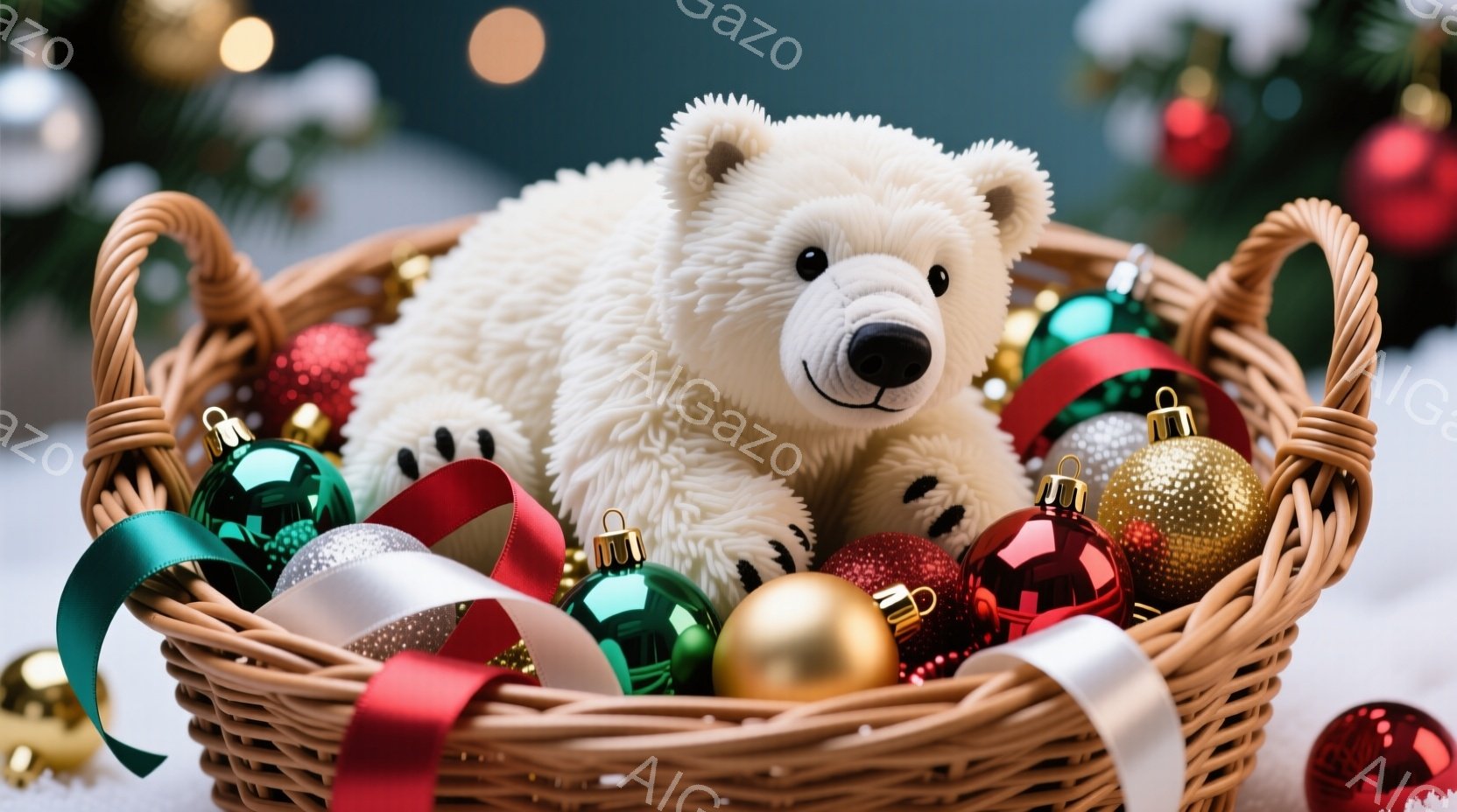 白いテディベアが、赤い、緑、金のクリスマスオーナメントとリボンで満たされた籐のバスケットの中に横たわっています。背景にはぼやけたクリスマスツリーがあり、暖かい光がバスケット全体を照らしています。全体的 - AI生成フリー素材