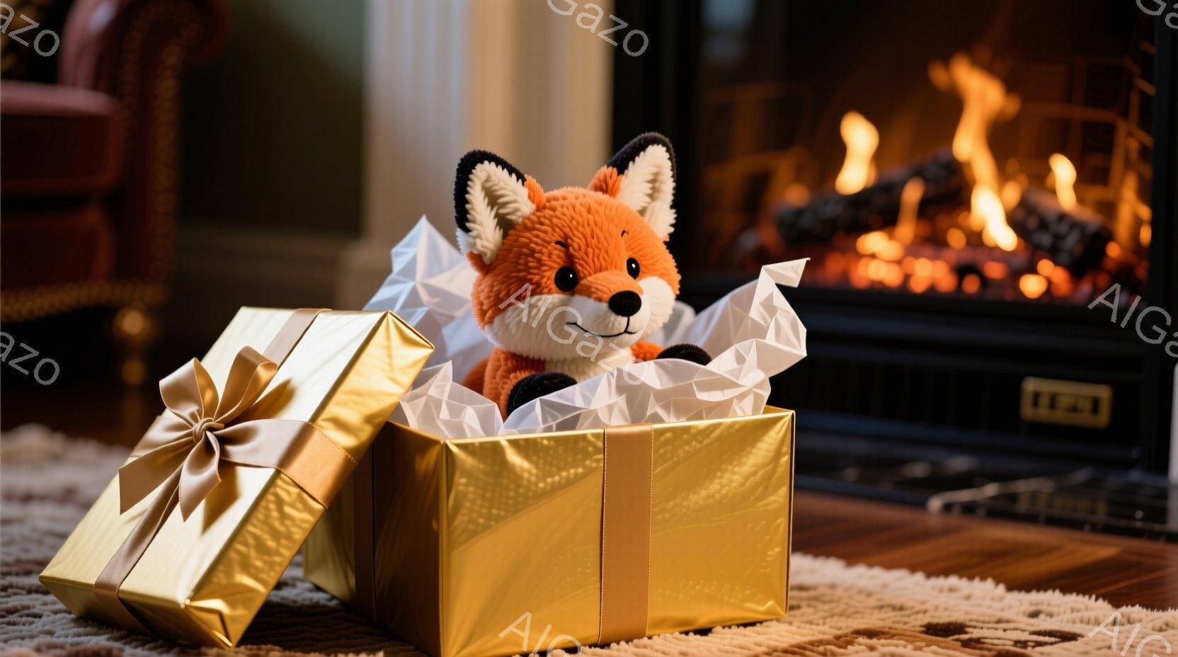 明るい金色のギフトボックスの中に、ふわふわのオレンジ色のキツネのぬいぐるみが座っています。 キツネは少し微笑んでおり、白い包装紙が箱からあふれ出ています。 背景には暖炉があり、炎が燃えており、暖かく居 - AI生成フリー素材