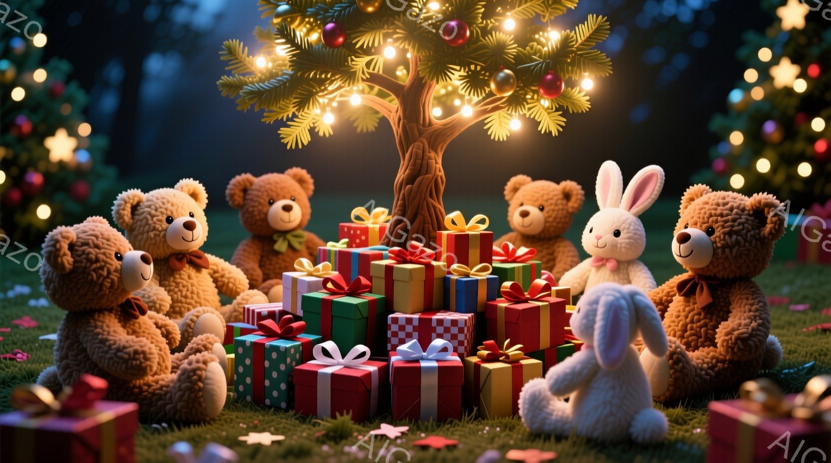 柔らかい毛並みのテディベアとウサギが、クリスマスのプレゼントの山を取り囲んで座っています。背景には、輝くイルミネーションで飾られたクリスマスツリーがあり、緑の芝生の上には赤い葉が散らばっています。全体 - AI生成フリー素材