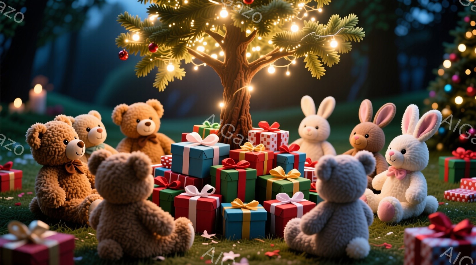 複数のテディベアとウサギが、プレゼントの山を囲んで座っています。背景にはクリスマスの飾り付けがされた木があり、夜空には星が輝いているようです。全体的に暖かく、お祝いムードに満ちた、可愛らしい光景です。 - AI生成フリー素材