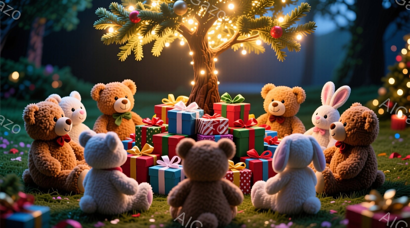 暖かい光に照らされた芝生の上に、可愛らしいテディベアとウサギの人形たちが集まり、プレゼントの山を取り囲んでいます。人形たちは皆、優しい表情でプレゼントを見つめ、まるでクリスマスの夜のパーティーを楽しん - AI生成フリー素材