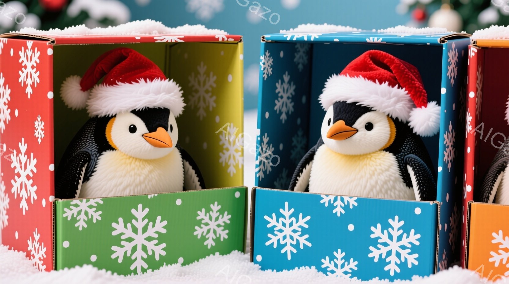 それぞれ異なる色の箱から顔を出しているペンギンのぬいぐるみたちが写っています。ペンギンたちは赤いサンタ帽をかぶり、つぶらな瞳でこちらを見つめており、愛らしい表情をしています。背景は雪景色で、箱には雪の - AI生成フリー素材