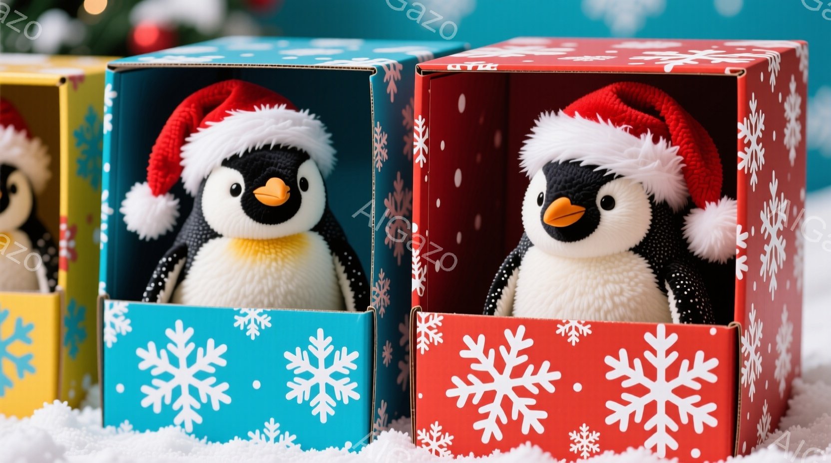 複数のペンギンのぬいぐるみたちが、それぞれ異なる色のギフトボックスから顔を出しています。ペンギンたちは赤いサンタの帽子をかぶり、つぶらな瞳とオレンジ色のくちばしが特徴的で、可愛らしい表情をしています。 - AI生成フリー素材