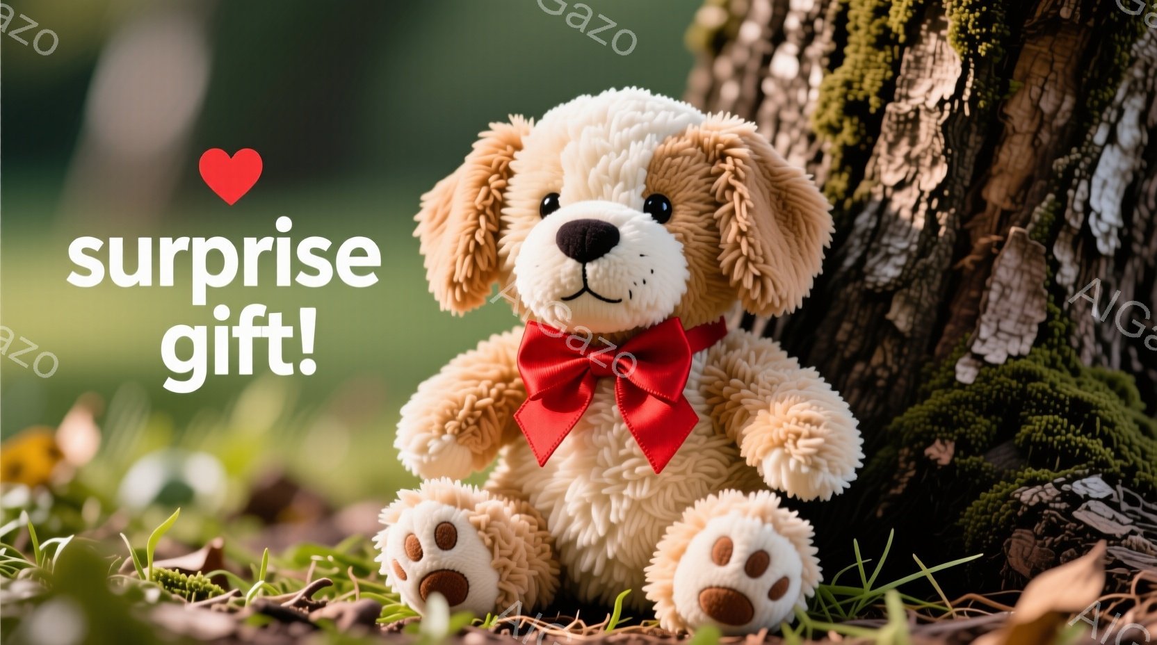 ふわふわのクリーム色の犬のぬいぐるみは、赤いリボンを首に巻いています。背景には緑豊かな植物と苔むした木の幹があり、ぬいぐるみは地面に座って穏やかな表情を浮かべています。全体的に、暖かく、優しい雰囲気を醸し出しており、プレゼントにぴったりの可愛らしい光景です。