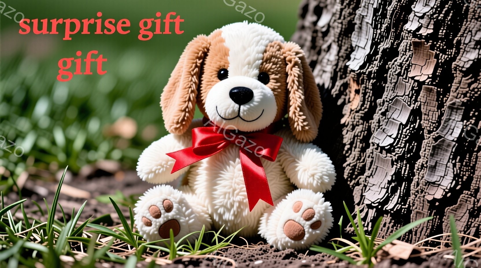 ふわふわのクリーム色の毛並みを持つ子犬のぬいぐるみは、赤いリボンを首に巻いています。緑の草むらの中に座り、茶色の耳と肉球が可愛らしい印象を与えます。背景には樹木の幹が見え、穏やかで優しい雰囲気を感じさせます。