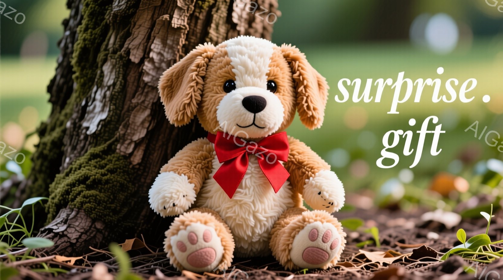 ふわふわの茶色のテディベアが、木の根元に座っています。赤いリボンが首に結ばれており、つぶらな瞳と愛らしい表情が特徴です。背景には緑豊かな自然が広がり、葉っぱや土が散らばっています。 - AI生成フリー素材