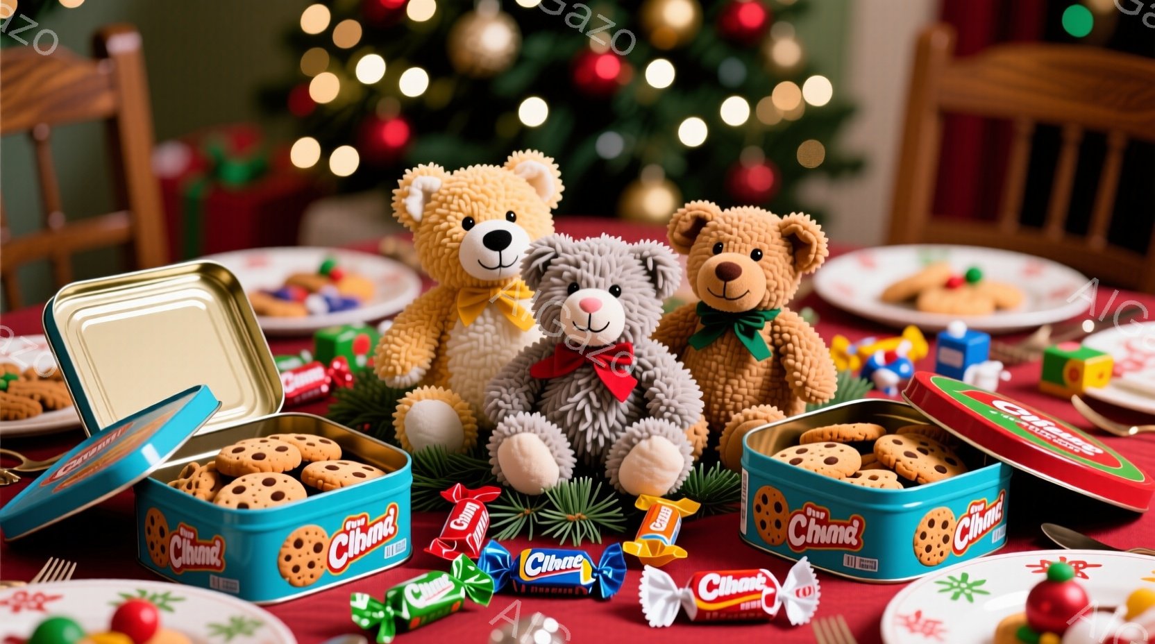 クリスマスをテーマにしたテーブルの上に、三匹のテディベアが並んでいます。それぞれのクマは異なる毛色と赤いリボンで飾られており、テーブルにはクッキーが入った缶やキャンディーが置かれています。背景にはクリ - AI生成フリー素材