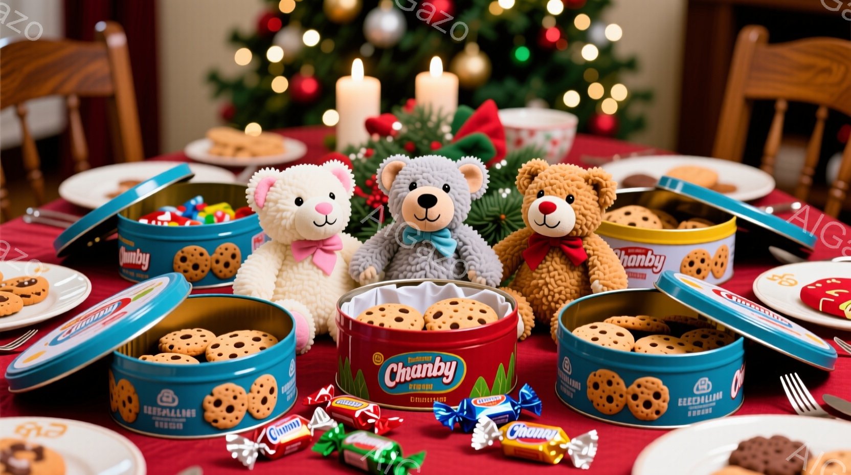 茶色のふわふわのテディベアが、カラフルな紙吹雪とキャンディケーンに囲まれて座っています。ベアは小さな赤いリボンをつけており、優しい表情をしています。背景は明るい色で、お祝いや楽しい雰囲気が漂っています - AI生成フリー素材