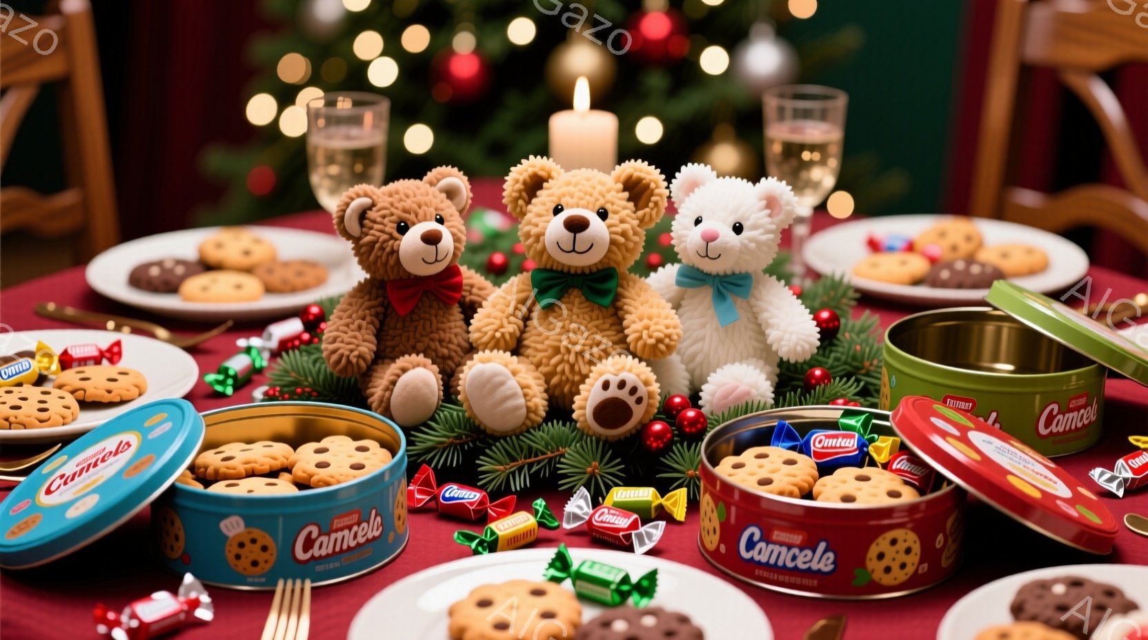 柔らかい茶色のテディベアが、カラフルな紙吹雪とストライプ柄の包装紙に囲まれて座っています。ベアは赤いリボンを首に巻き、片手にキャンディケーンを持っています。背景は鮮やかな水色で、お祝いや楽しい雰囲気を - AI生成フリー素材