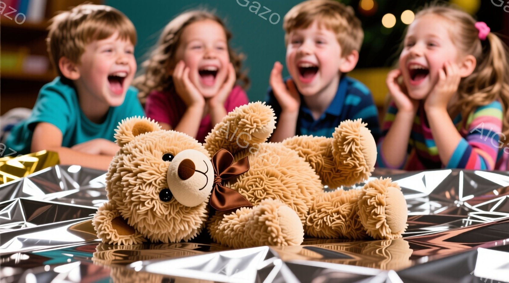 柔らかい茶色のテディベアが、きらびやかな銀色の包装紙の上に置かれています。背景には、興奮した表情で両手を頬にあてている、ブロンドの巻き毛の子供たちが四人写っています。全体的に、喜びと驚きに満ちた、お祝 - AI生成フリー素材