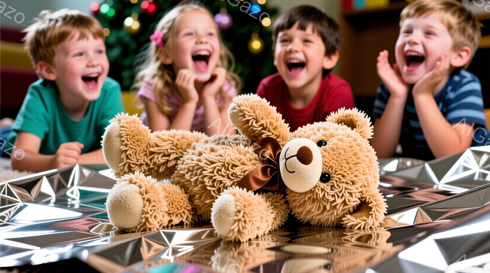 四人の子供たちが、銀色の包装紙に包まれた大きなテディベアを囲んで興奮して叫んでいます。子供たちはそれぞれ異なる色の服を着ており、髪型も異なっていますが、皆笑顔で喜びを表現しています。背景にはぼやけたク - AI生成フリー素材