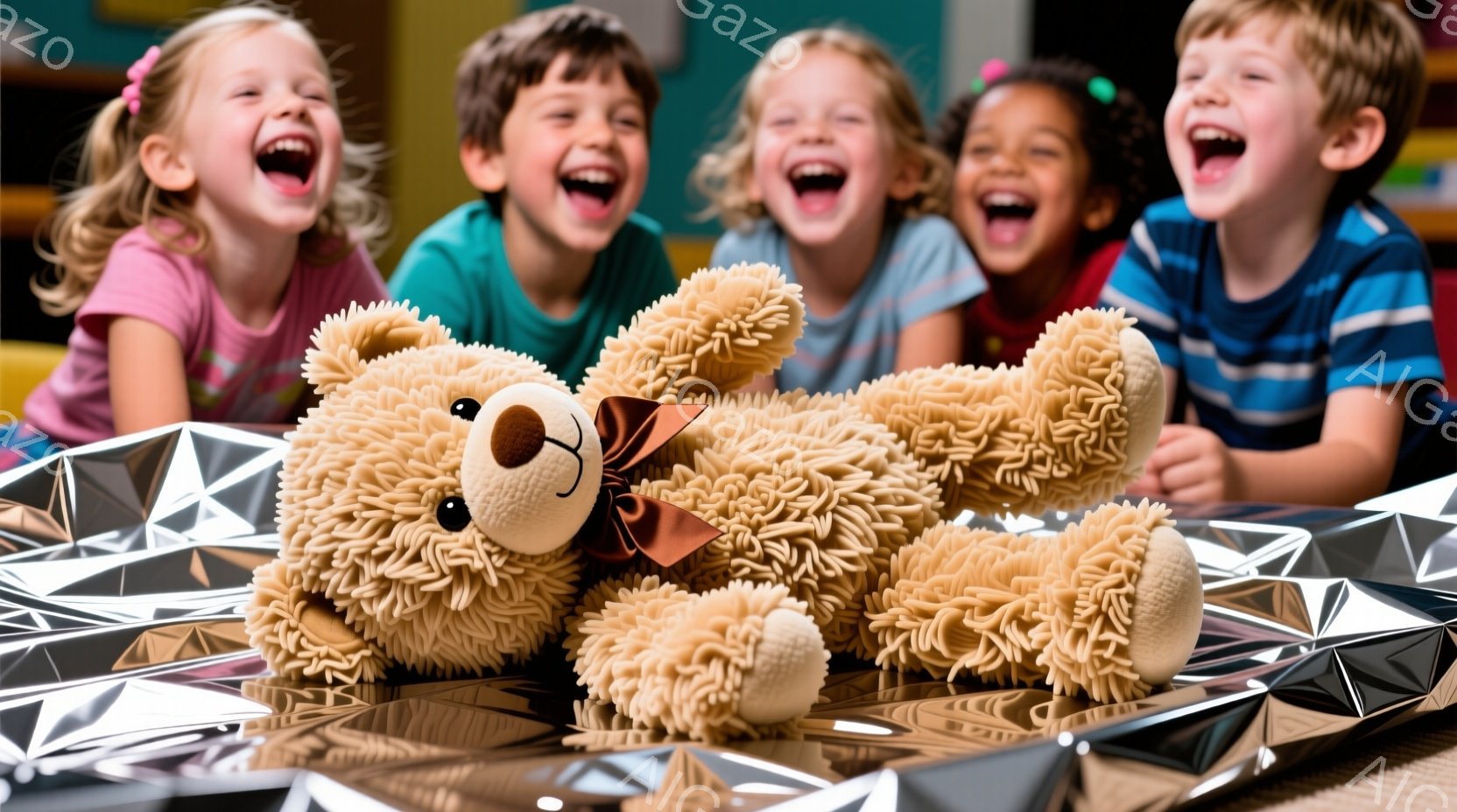 5人の子供たちが、大きなテディベアを囲んで笑顔で笑っています。子供たちはそれぞれカラフルなTシャツを着ており、髪型もそれぞれ異なります。背景はぼやけていますが、明るい色彩で、全体的に幸せで活気に満ちた雰囲気が漂っています。