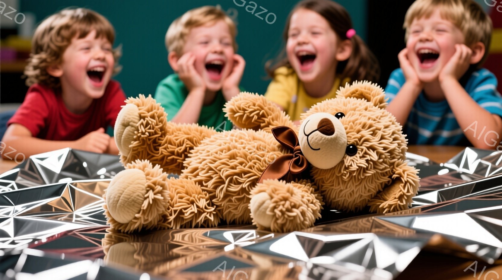 4人の子供たちが、茶色のふわふわのテディベアを見て興奮して笑っています。子供たちはそれぞれ赤いシャツ、緑のシャツ、黄色のシャツ、そして青いシャツを着ており、皆短い髪で、表情は非常に明るく幸せそうです。 - AI生成フリー素材