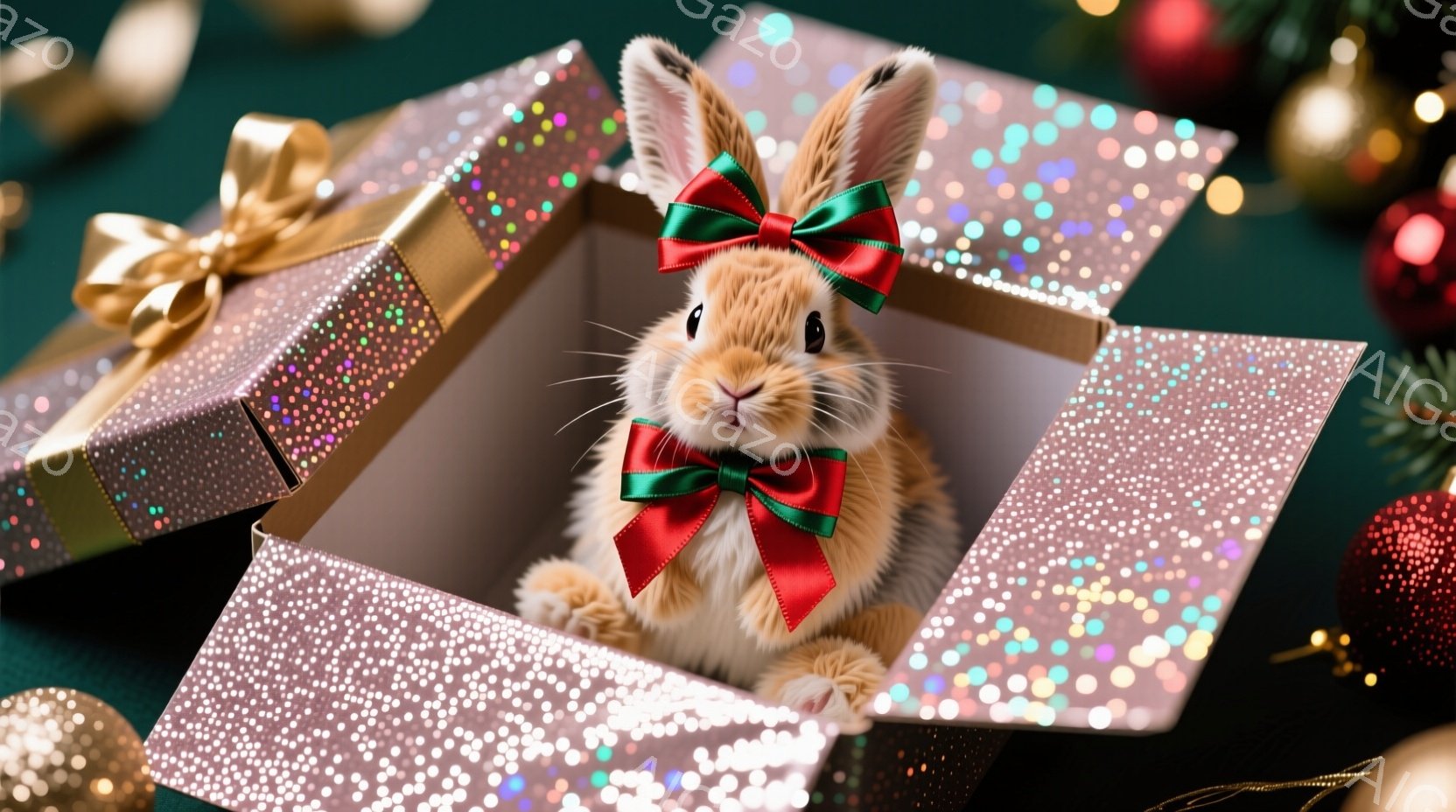 鮮やかなピンク色のグリッターで覆われたギフトボックスの中に、可愛らしいオレンジ色のうさぎが座っています。赤いリボンを首に結び、正面を見て少し緊張した表情をしています。背景には、金色のオーナメントや緑色の植物が散りばめられており、お祝いムードを演出しています。