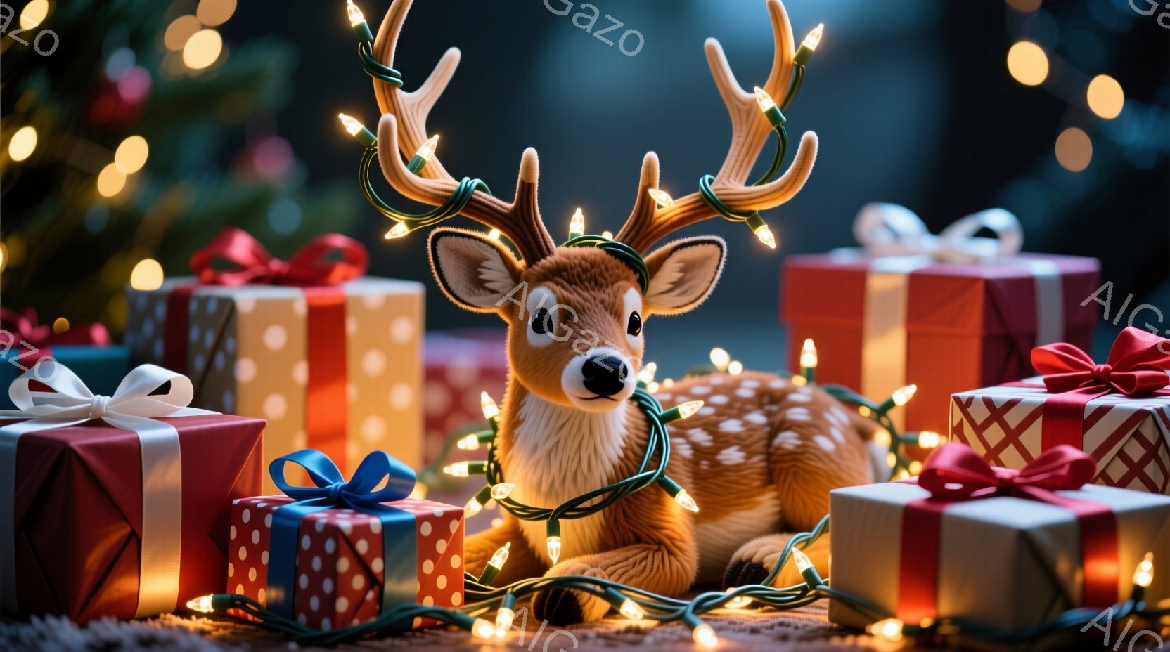 鹿がプレゼントの周りに横たわり、クリスマスライトで飾られています。プレゼントは赤、水色、白の包装紙で包まれ、それぞれにリボンがついています。背景にはぼやけたクリスマスツリーが見え、全体的に暖かく、お祝いの雰囲気です。