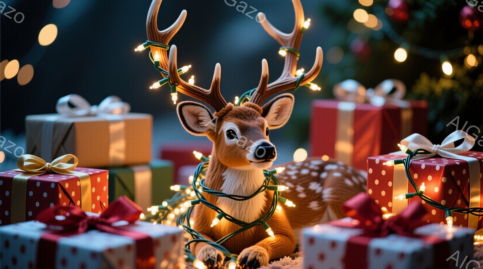 鹿がクリスマスプレゼントに囲まれて横たわっています。暖色のクリスマスライトが鹿の角や体を飾り、お祝いの雰囲気を演出しています。背景には、さまざまな色の包装紙で包まれたギフトボックスが積み重ねられており、暖かく、お祝いのムードが漂っています。