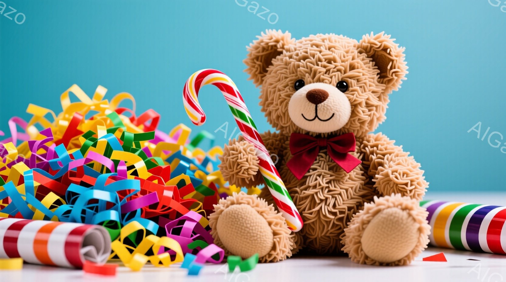 ふわふわの茶色のテディベアが、カラフルな紙吹雪とキャンディケーンに囲まれて座っています。ベアは赤いリボンをつけており、穏やかな表情をしています。背景は明るい色調で、お祝いや楽しい雰囲気を醸し出していま - AI生成フリー素材