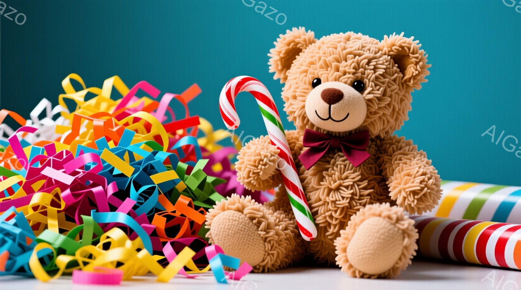 柔らかい茶色のテディベアが、カラフルな紙吹雪とストライプ柄のリボンに囲まれて座っています。ベアは赤いリボンをつけており、片手にキャンディケーンを持っています。背景は鮮やかな水色で、お祝いや楽しい雰囲気 - AI生成フリー素材