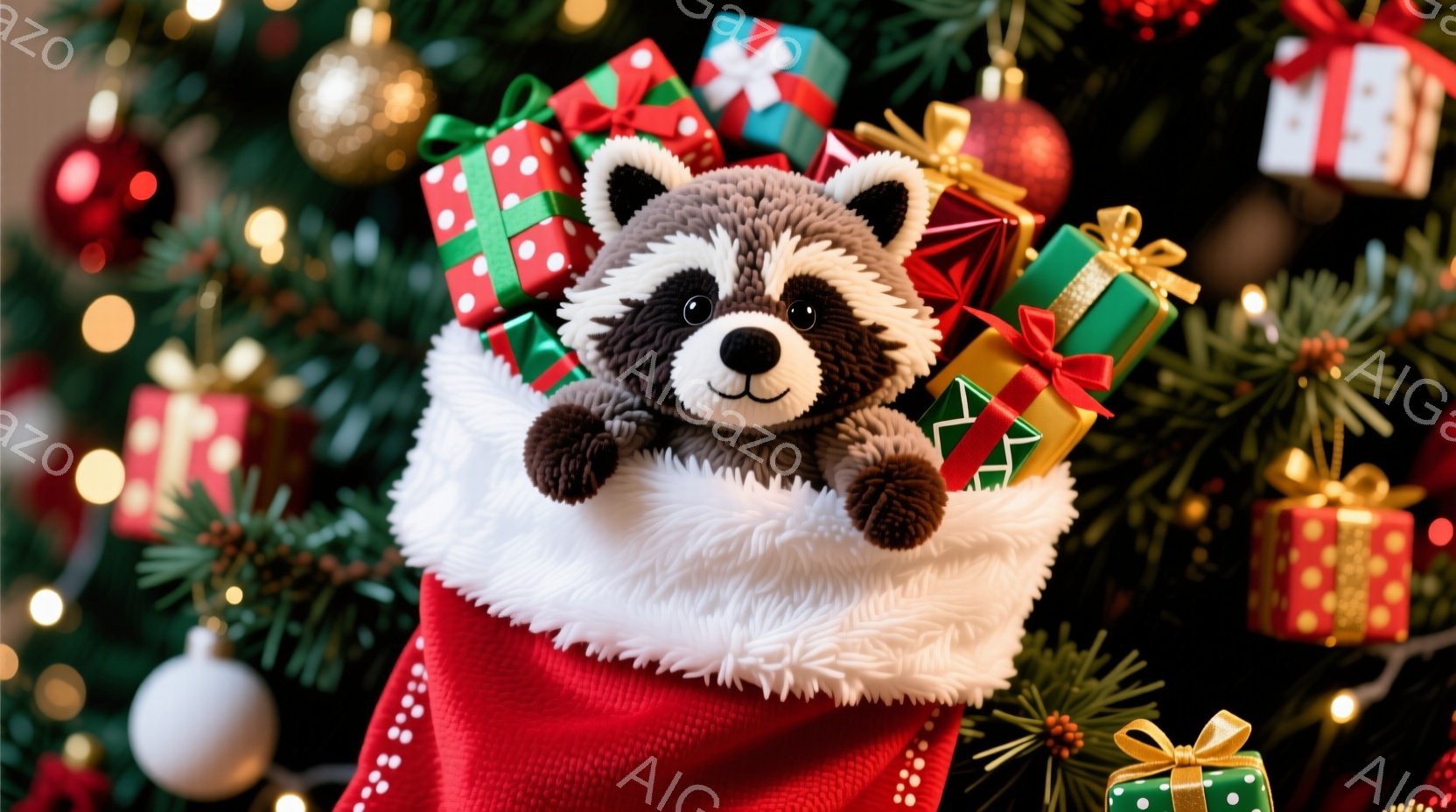 ふわふわのクリスマスの靴下の中から、愛らしいアライグマのぬいぐるみが顔を出しています。アライグマは黒い瞳でこちらを見つめ、小さな前足で靴下の縁につかまっています。背景には、赤、金、緑のオーナメントで飾られたクリスマスツリーがぼやけて見え、贈り物も散りばめられており、温かくお祝いムードに満ちています。