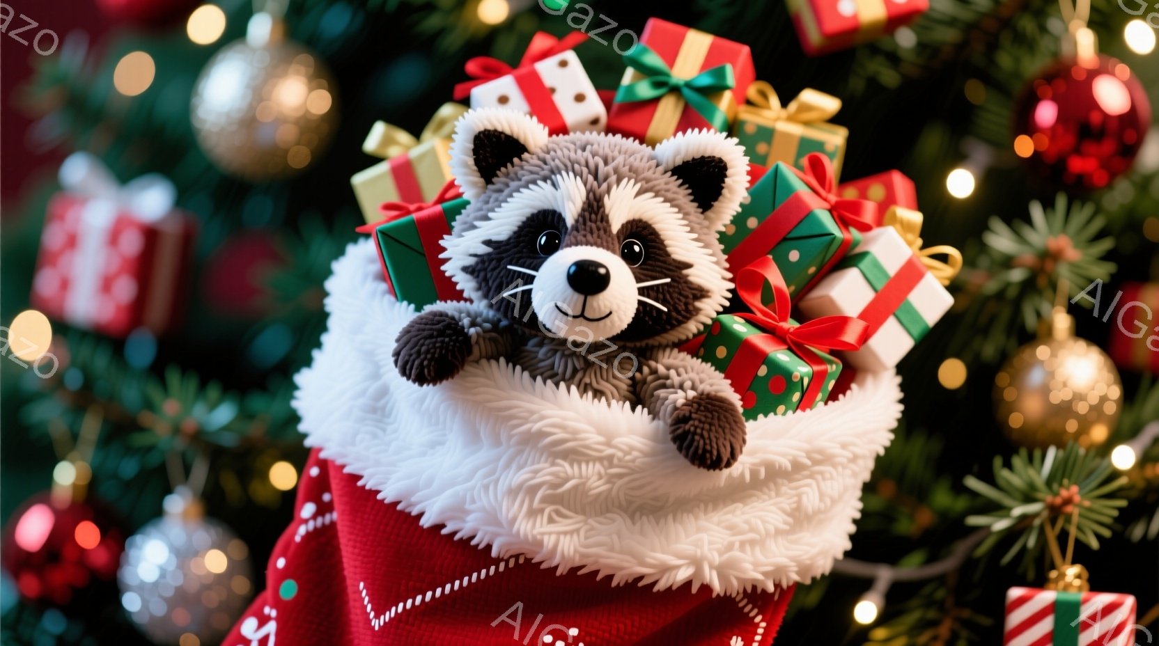 赤い靴下の中に、ふわふわの白い縁取りがある中、愛らしいアライグマのぬいぐるみが入っています。アライグマは明るい表情で、たくさんのカラフルなリボンで飾られた小さなプレゼントの山から顔を出しています。背景にはぼやけたクリスマスツリーの飾りと、キラキラとしたホリデーの雰囲気が広がっています。