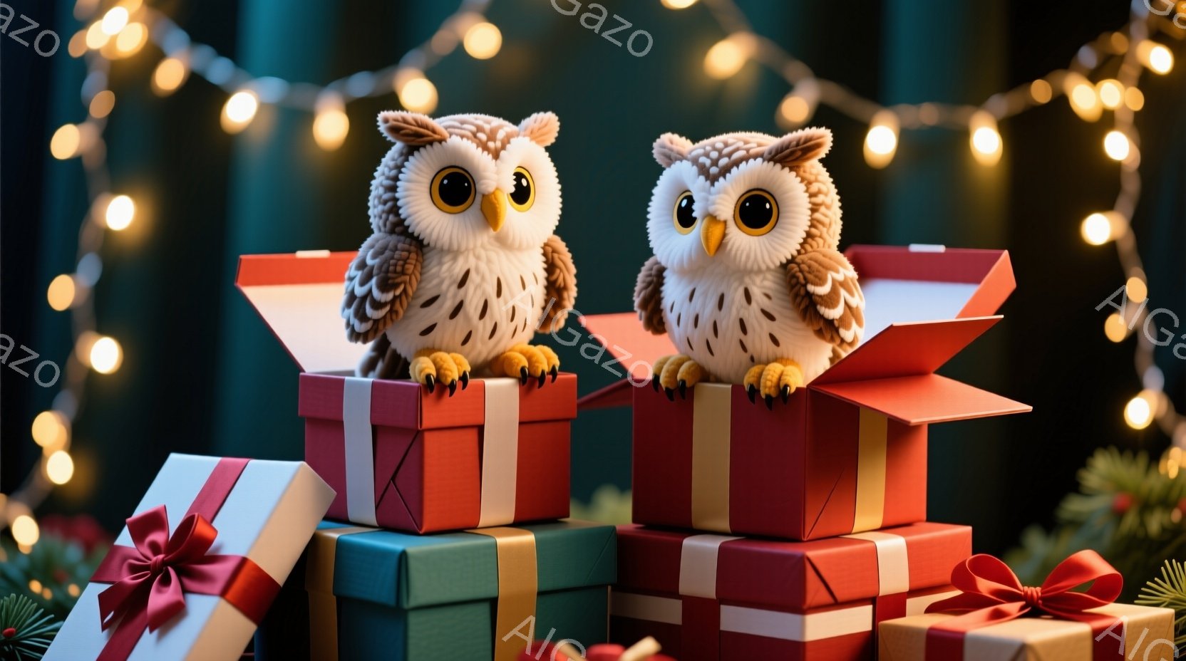 2羽のフクロウが、それぞれ赤いギフトボックスから顔を出しています。ギフトボックスは様々な色で積み重ねられ、周りには赤いリボンと緑の装飾が添えられています。背景には、ぼんやりとした緑とキラキラと輝く光の - AI生成フリー素材