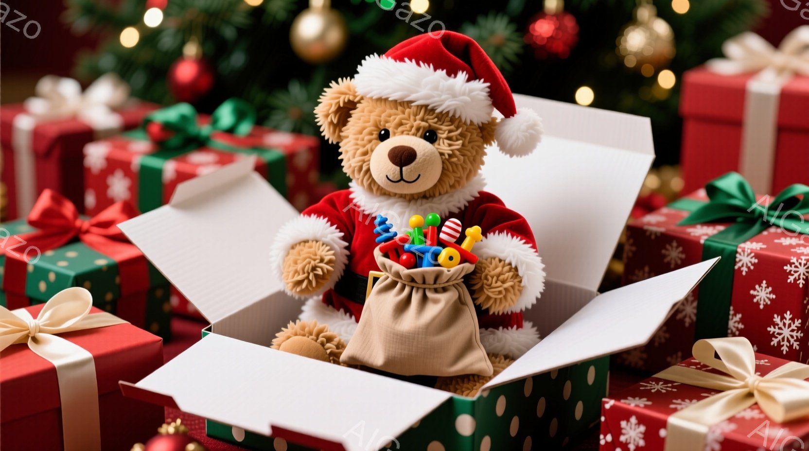 ぬいぐるみは赤いサンタの帽子と衣装を着ており、緑色のギフトボックスの中から顔を出しています。ギフトボックスの中には、おもちゃが入った小さな麻袋が見えます。背景には、ラッピングされたギフトボックスが積み - AI生成フリー素材