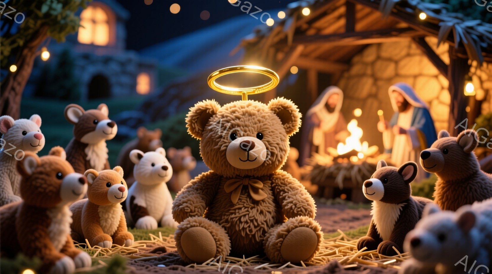 多くのテディベアたちが、藁の上に座って暖炉の火を見つめています。中心にいるクマは赤いリボンで結ばれ、頭上に光輪が輝いており、まるでキリストの誕生の場面を模しているかのようです。背景には、藁でできた簡素な小屋と、点在する家々が見え、夜空には星が輝き、全体的に暖かく穏やかな雰囲気を醸し出しています。