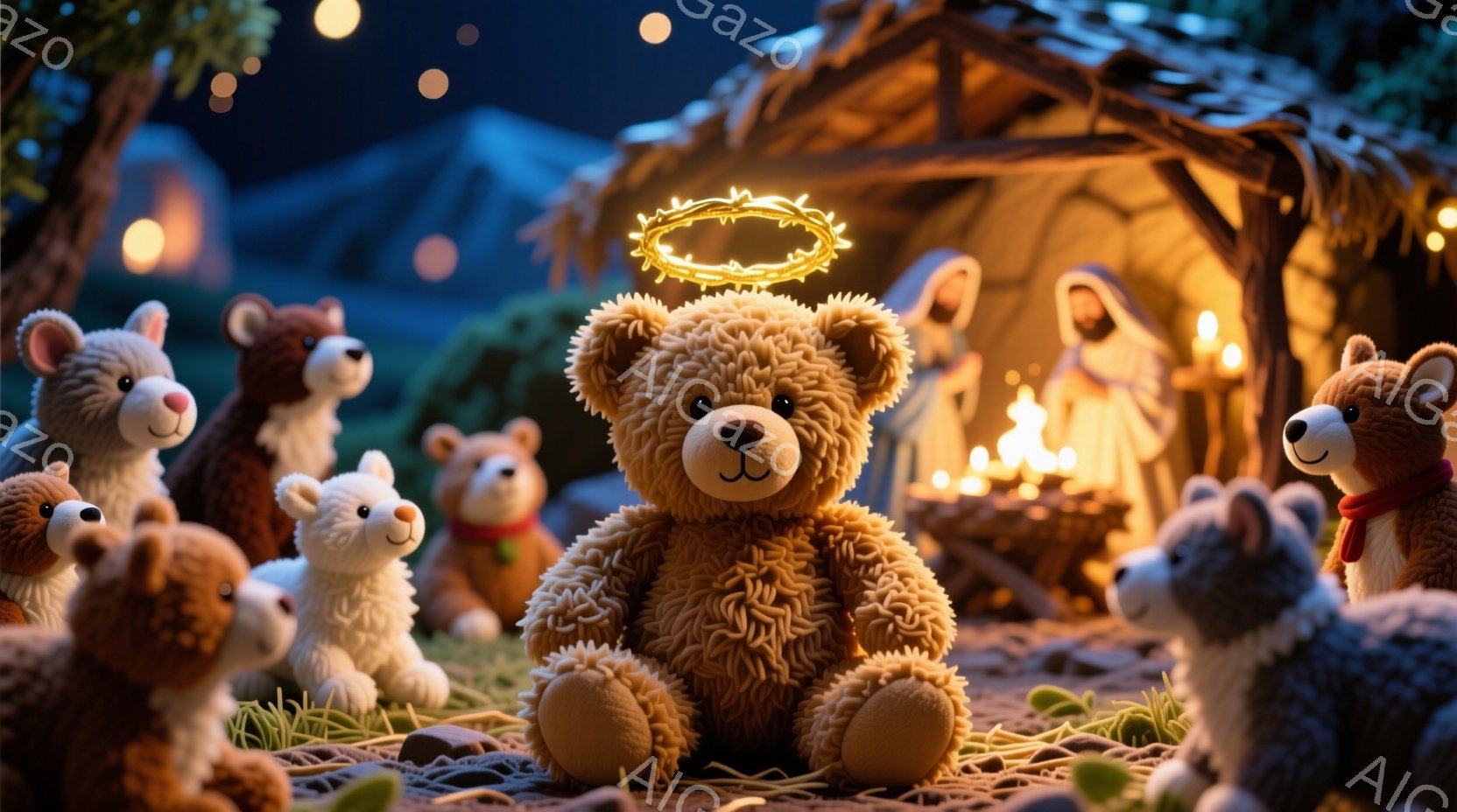 多くのテディベアが、藁でできた小さな小屋の周りに集まっています。中心にいるクマは光輪を頭に乗せ、少し上を見ているような姿勢で、他のクマたちは様々な色やデザインの服を着て、小屋を見つめています。背景には暗い夜空とぼんやりとした建物が見え、全体的に暖かく、聖なる雰囲気のクリスマスのシーンが描かれています。
