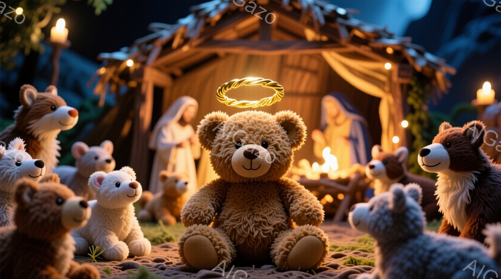 暖炉の光に照らされた、藁葺き屋根の小屋の中に、たくさんのテディベアが集まっています。中央のクマは黄金色の光輪を身につけ、穏やかな表情で座っており、他のクマたちは周りを囲むように座り、あるいは立ち、祈り - AI生成フリー素材
