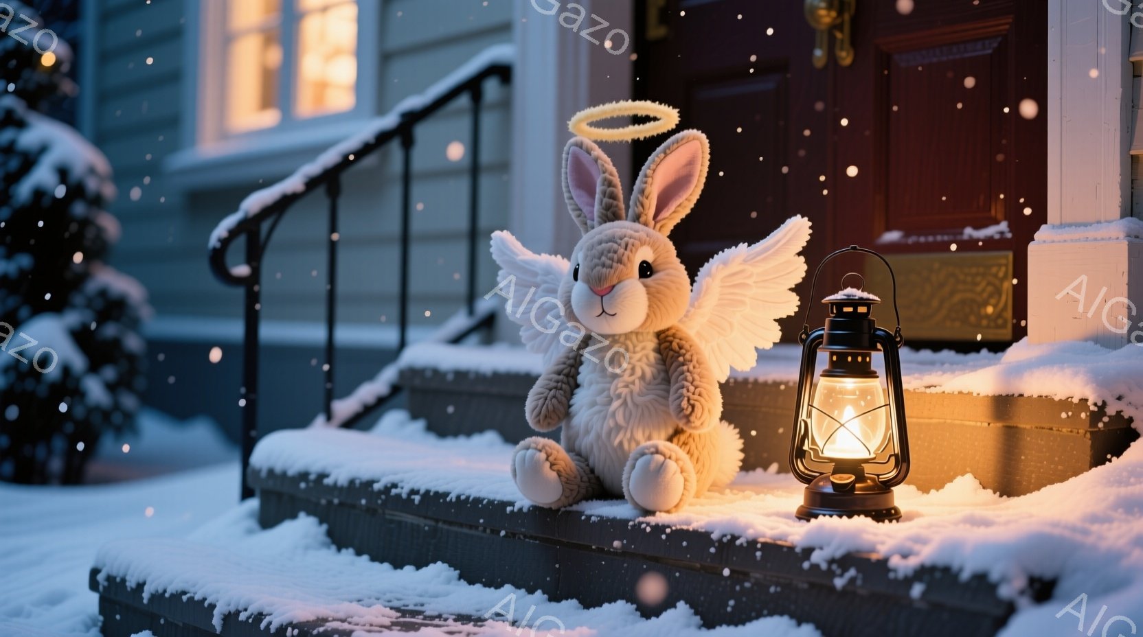 雪が降る夜の家の外階段に、羽のついたウサギのぬいぐるみがお座りしています。オレンジ色の光を放つランタンが近くに置かれ、ぬいぐるみを暖かく照らしています。背景には雪で覆われた家と、ぼんやりとした光が灯る窓が見え、静かで幻想的な冬の夜の雰囲気を醸し出しています。