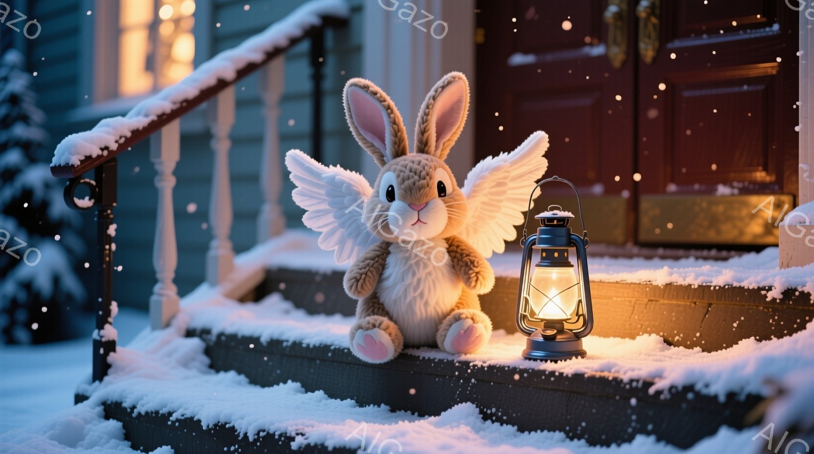 雪が降り積もった家の外階段に、翼の生えたぬいぐるみのようなうさぎが座っています。うさぎは暖かく穏やかな表情で、階段の横に置かれた灯りがうさぎを優しく照らしています。背景には、暖かい光を灯した家の玄関が - AI生成フリー素材
