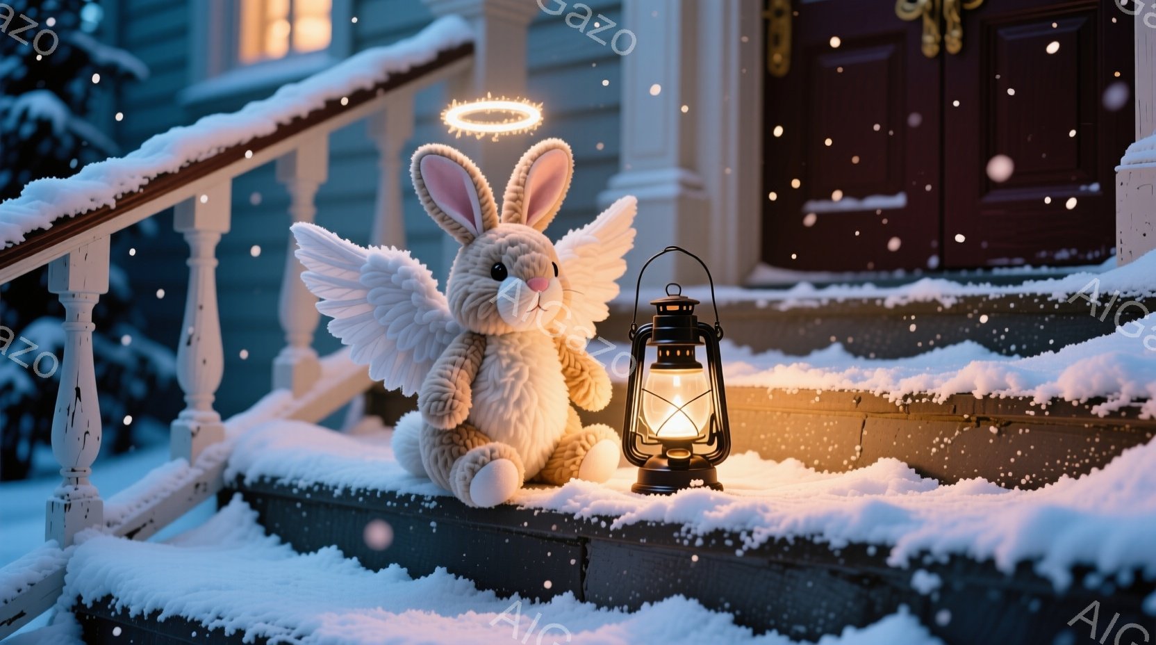 雪が降り積もる家の外階段に、天使の羽をつけたふわふわの白いウサギのぬいぐるみが座っています。頭には天使の輪があり、そばには灯りがともったランタンが置かれ、温かい光が雪景色を照らしています。全体的に穏や - AI生成フリー素材