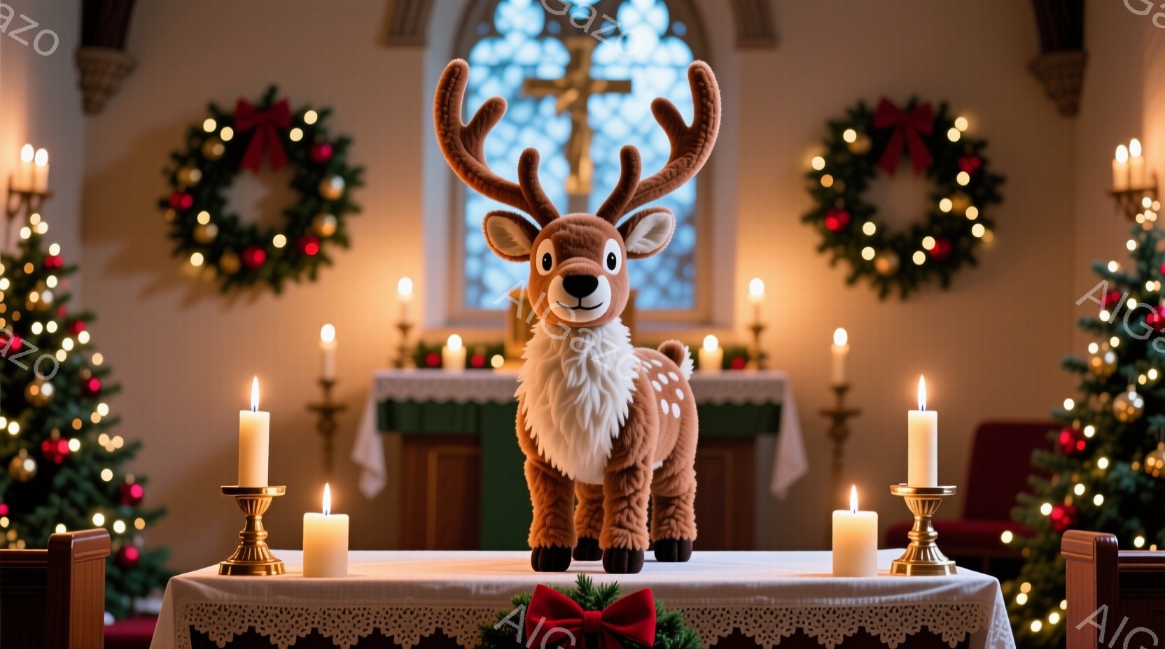 教会の祭壇の上に、愛らしい子鹿のぬいぐるみが立っている。祭壇は白いレースの布で覆われ、赤いリボンで飾られた緑の装飾が置かれている。背景には、クリスマスリースが飾られたステンドグラスの窓があり、ちらつくキャンドルが温かい雰囲気を醸し出している。