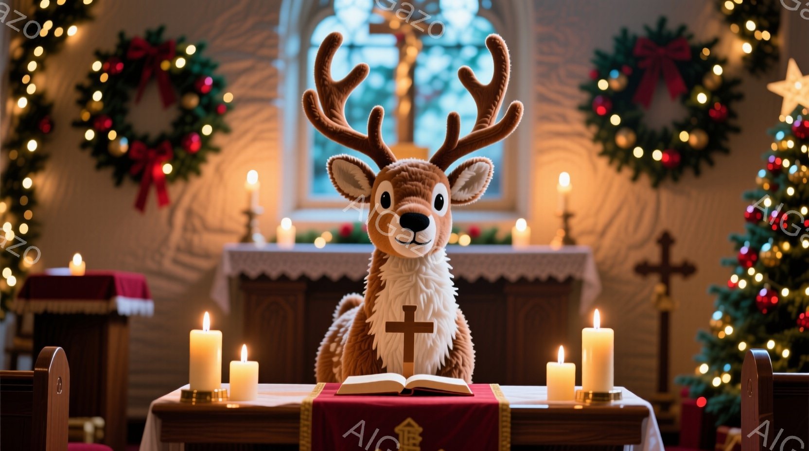 教会内で開かれた本の上に座っているトナカイのぬいぐるみを示しています。トナカイは可愛らしい表情で、周りには点灯したロウソクが配置され、背景にはクリスマスの装飾が施された祭壇があります。全体的に、温かく、お祝いの雰囲気で、クリスマスの夜の静謐さを感じさせます。