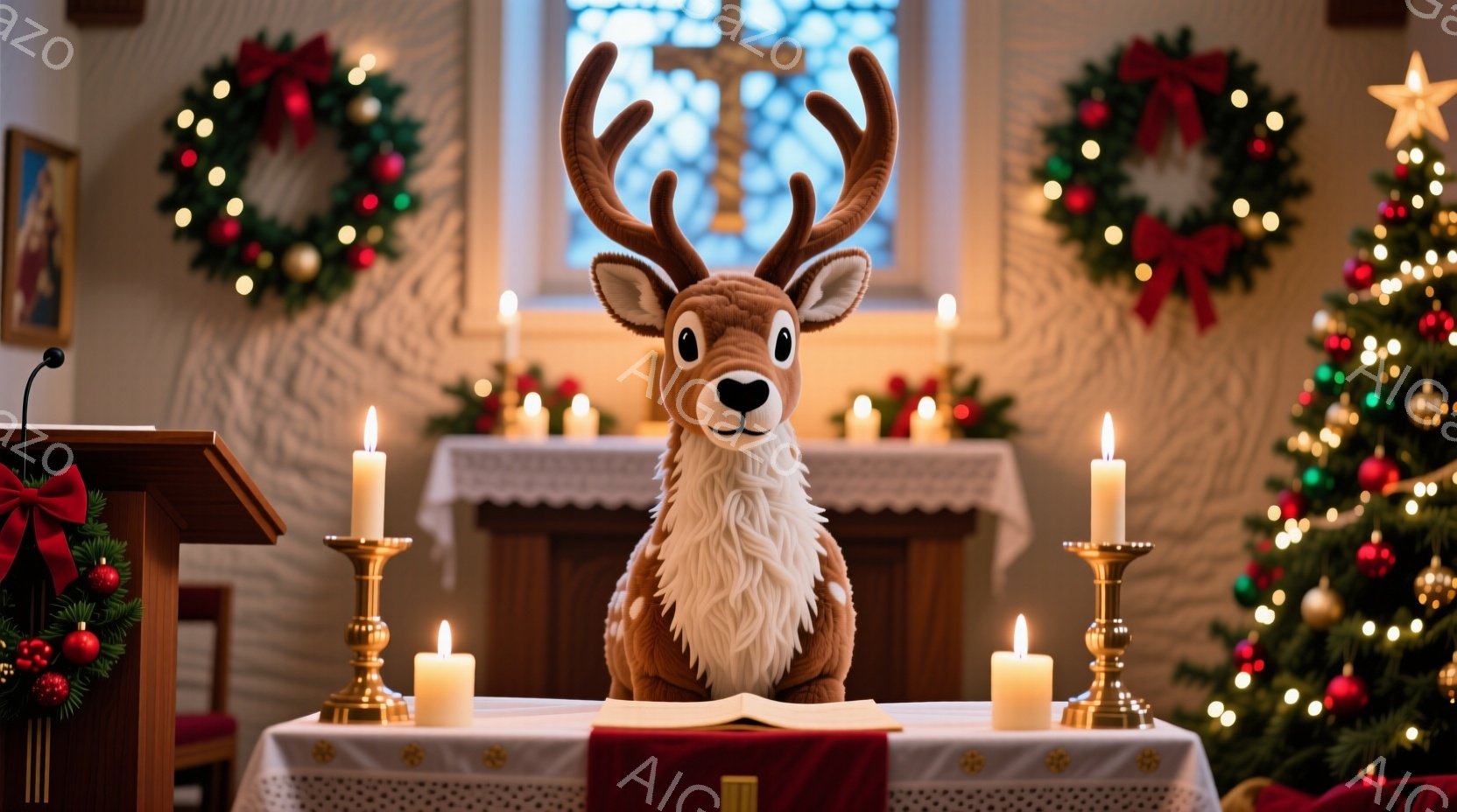 ぬいぐるみで作られた鹿が祭壇の前に座っており、開いた本の上に置かれています。背景には、クリスマスらしい装飾が施された祭壇、ロウソク、そしてクリスマスのリースが見えます。全体的に温かく、静かで、お祝いムードに満ちた雰囲気です。