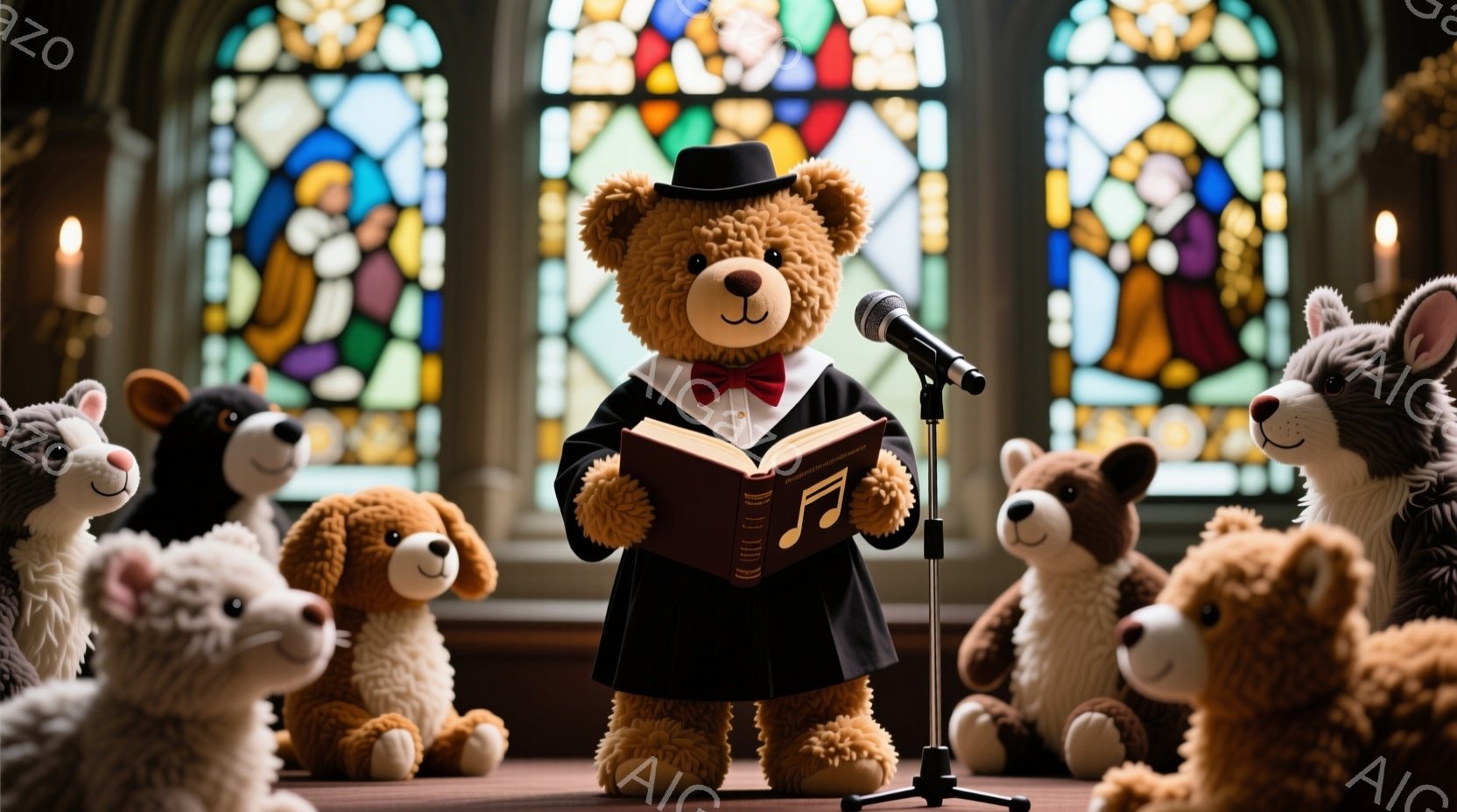 茶色のテディベアがステージ上で歌を歌っている様子で、黒い燕尾服と赤い蝶ネクタイを身につけ、頭には帽子をかぶっている。観客席には、さまざまな種類のぬいぐるみが座って彼を見つめている。背景にはステンドグラ - AI生成フリー素材