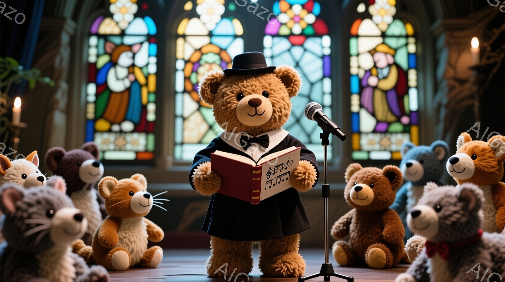 ぬいぐるみのクマがステージで歌を歌っている様子が描かれています。黒いタキシードと帽子を身につけ、楽譜を見ながらマイクに向かって歌っている姿は、とても可愛らしく、真剣です。背景にはステンドグラスが輝き、 - AI生成フリー素材