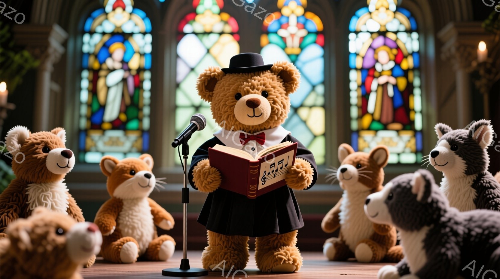 茶色のテディベアがステージ上で歌を歌っており、黒い燕尾服と赤い蝶ネクタイ、そして帽子を身につけています。周りには、様々な種類のテディベアたちが観客として座っており、楽しんでいる様子が伺えます。背景には - AI生成フリー素材