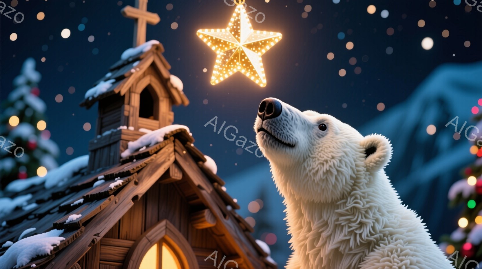 白い熊が、雪に覆われた小さな教会を見上げ、きらめく星を見つめている。教会の屋根には雪が積もり、窓からは温かい光が漏れ、背景にはぼやけた山々と夜空に散りばめられた星々が見える。全体的に、温かく幻想的な冬の夜の雰囲気が漂っている。