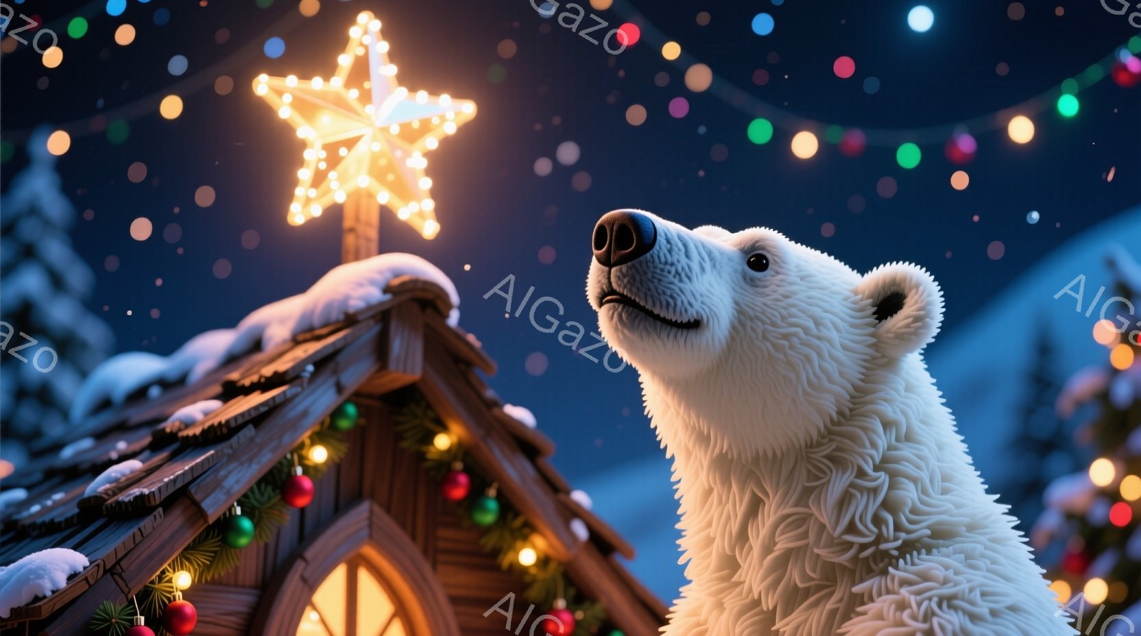 白い熊が、クリスマスの飾り付けがされた屋根の上で星を見上げています。屋根には雪が積もり、カラフルな電飾や赤いオーナメントが飾られています。背景には雪景色が広がり、全体的に暖かく幻想的なクリスマスの雰囲気が漂っています。