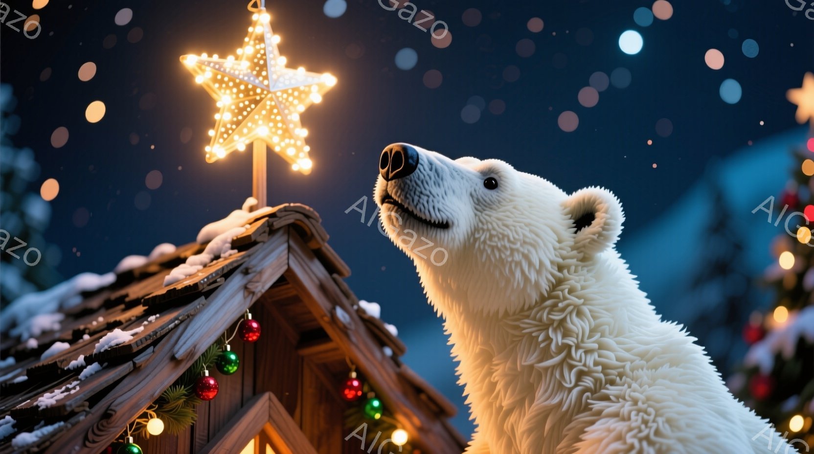 白い熊がクリスマスの飾り付けられた屋根を見上げている様子が描かれている。屋根には雪が積もり、緑、赤、金色のオーナメントが飾られ、星形の光が輝いている。背景には暗い夜空と雪山が広がり、全体的に暖かく幻想的なクリスマスの雰囲気が漂っている。
