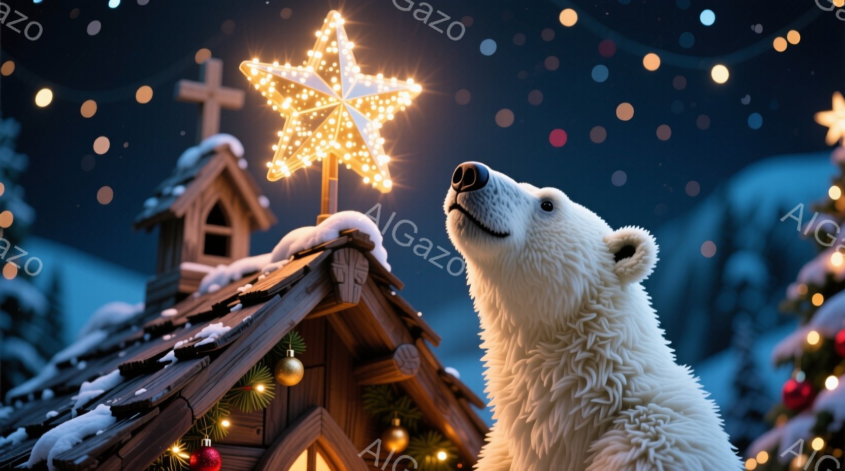 白い熊が雪に覆われた小屋の屋根を見上げている。小屋の頂上には光り輝く星が飾られ、周囲にはクリスマスの飾り付けと雪が舞っている。背景には雪山が広がり、全体的に暖かく幻想的なクリスマスの雰囲気を醸し出している。
