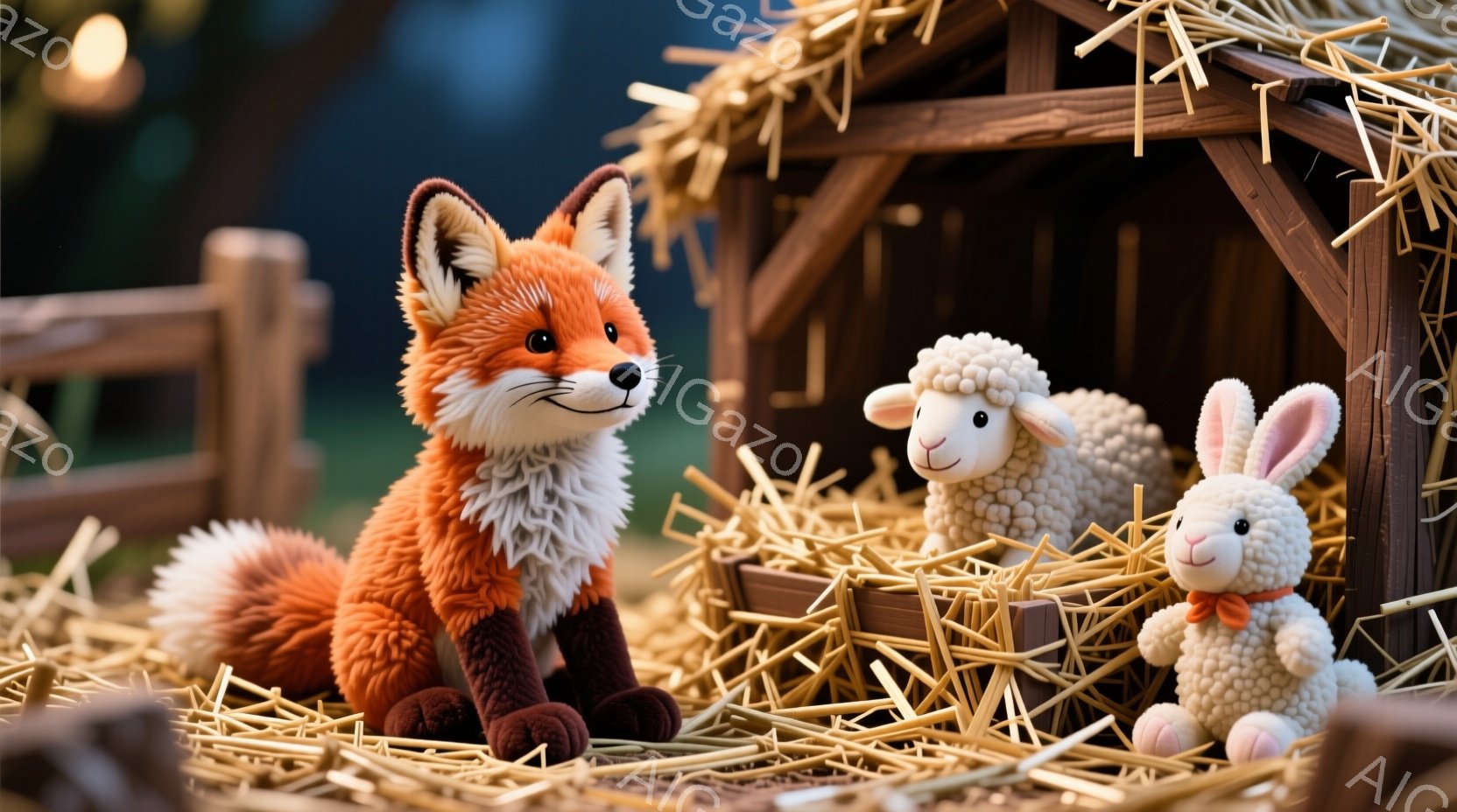 明るいオレンジ色のキツネが、藁の敷かれた農場の背景に座っています。キツネは正面を見て穏やかな表情を浮かべており、隣にはふわふわの白い子羊と、リボンをつけた可愛らしいウサギがいます。農場の背景には木製の柵と藁でできた小屋があり、全体的に温かく、牧歌的な雰囲気です。