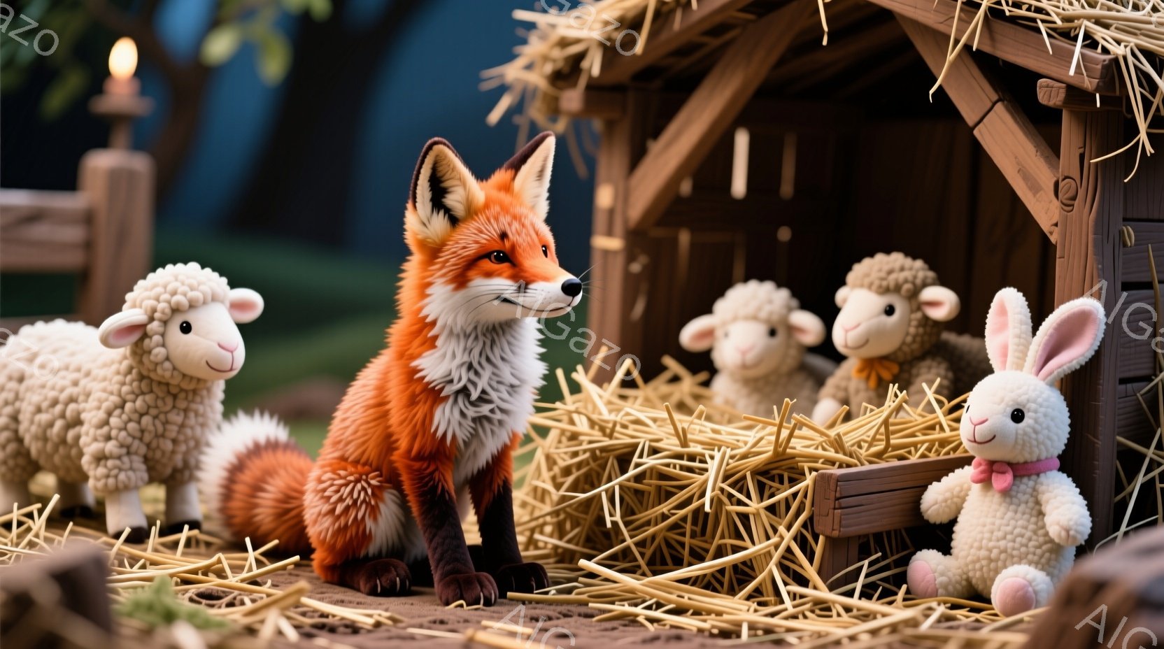 鮮やかなオレンジ色の毛並みの狐が、藁の上に座ってこちらを見ています。周りには、ふわふわの白い羊の人形と、ピンクのリボンを付けたウサギの人形がおり、皆リラックスした様子です。背景には木製の小屋があり、全体的に暖かく、可愛らしい雰囲気が漂っています。