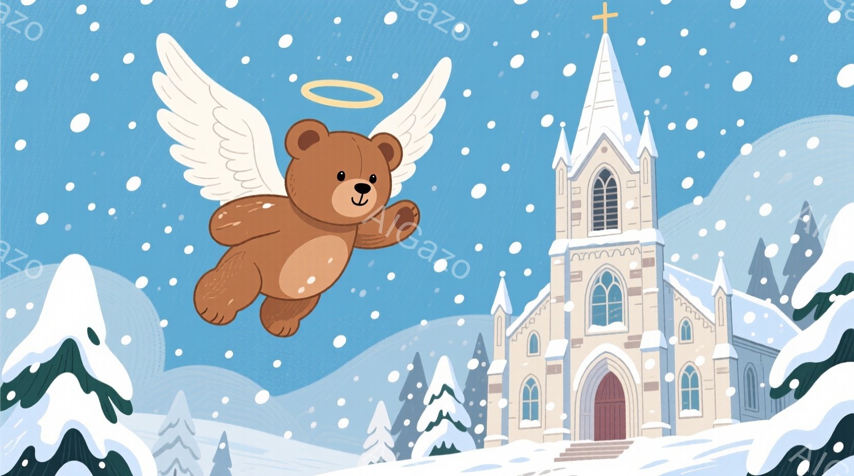 ぬいぐるみのような茶色のクマが、白い翼と光輪をつけて空を飛んでいます。背景には雪景色が広がり、クリーム色の石造りの教会がそびえ立ち、遠くには雪を頂いた山々が見えます。全体的に穏やかで幻想的な雰囲気で、冬の暖かい祝祭日を思わせます。