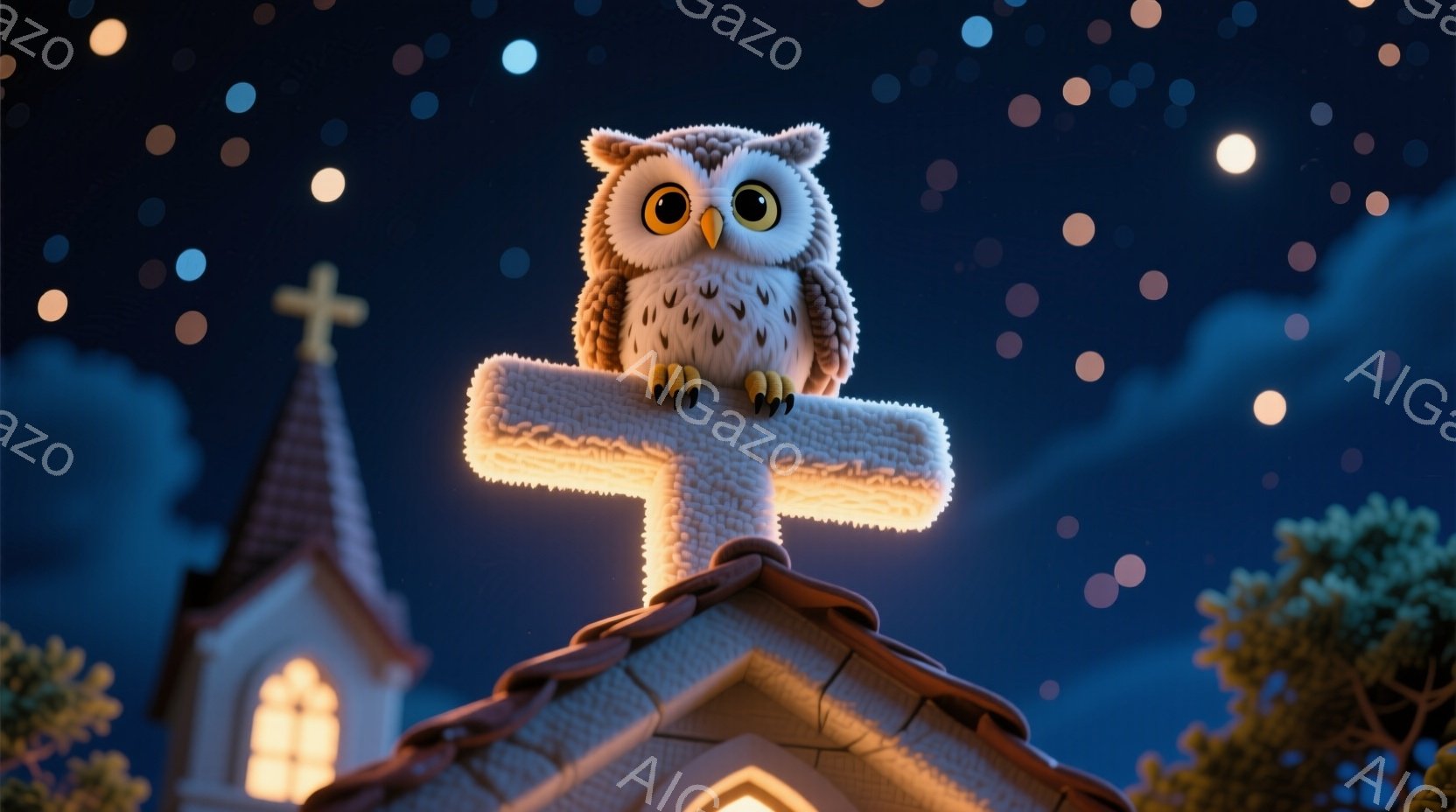 ふっくらとした茶色のフクロウが、レンガ造りの教会の屋根の上にちょこんと座っています。フクロウは大きな黄色い目で前を見据え、少し微笑んでいるように見えます。夜空には無数の星が輝き、教会とフクロウを照らし - AI生成フリー素材